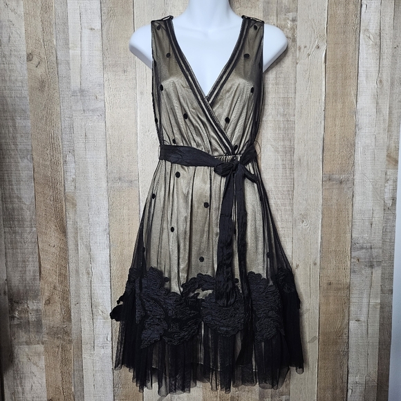 Yoana Baraschi Black Mesh Lace Polka Dot Sleeveless Embroidered Dress Size 4 - Picture 1 of 11